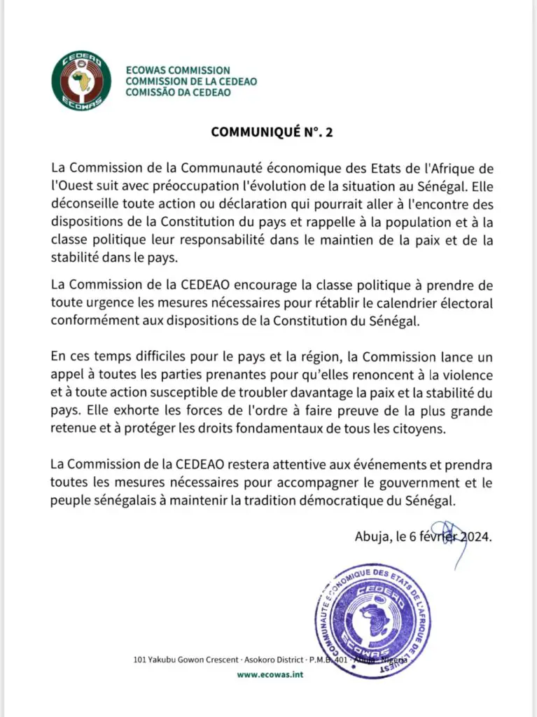 Communique N°2 de la CEDEAO sur le Senegal